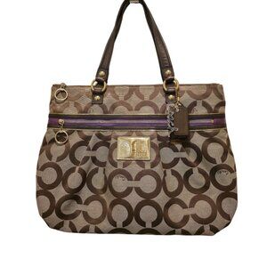 Y2K Coach Poppy Op Art Signature C Logo Beige Canvas Tote Shoulder Bag F15331